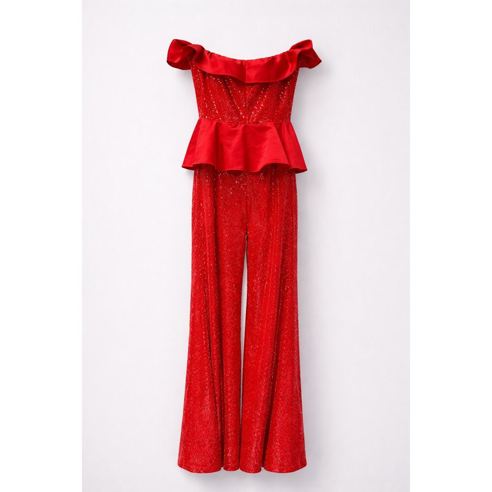 U Lady Juice Evening Jumpsuit Womens Medium Red Sequins Peplum Ruffle Glam Gala - Picture 1 of 6